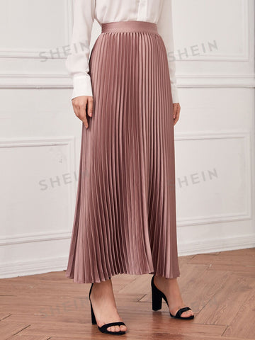 Modely Solid High Waist Pleated Satin Skirt