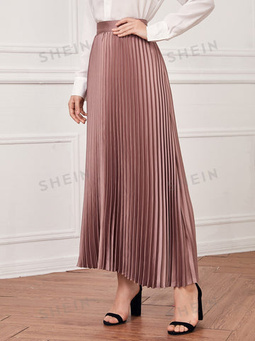 Modely Solid High Waist Pleated Satin Skirt