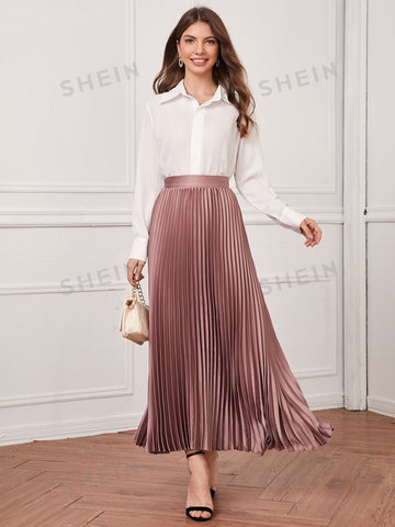 Modely Solid High Waist Pleated Satin Skirt