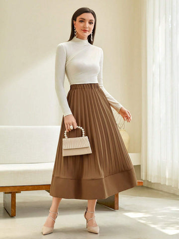 Modely Solid High Waist Pleated Skirt