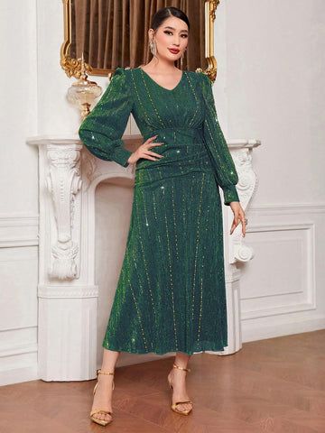 Sparkly Lantern Sleeve Waist-Cinched Dress
