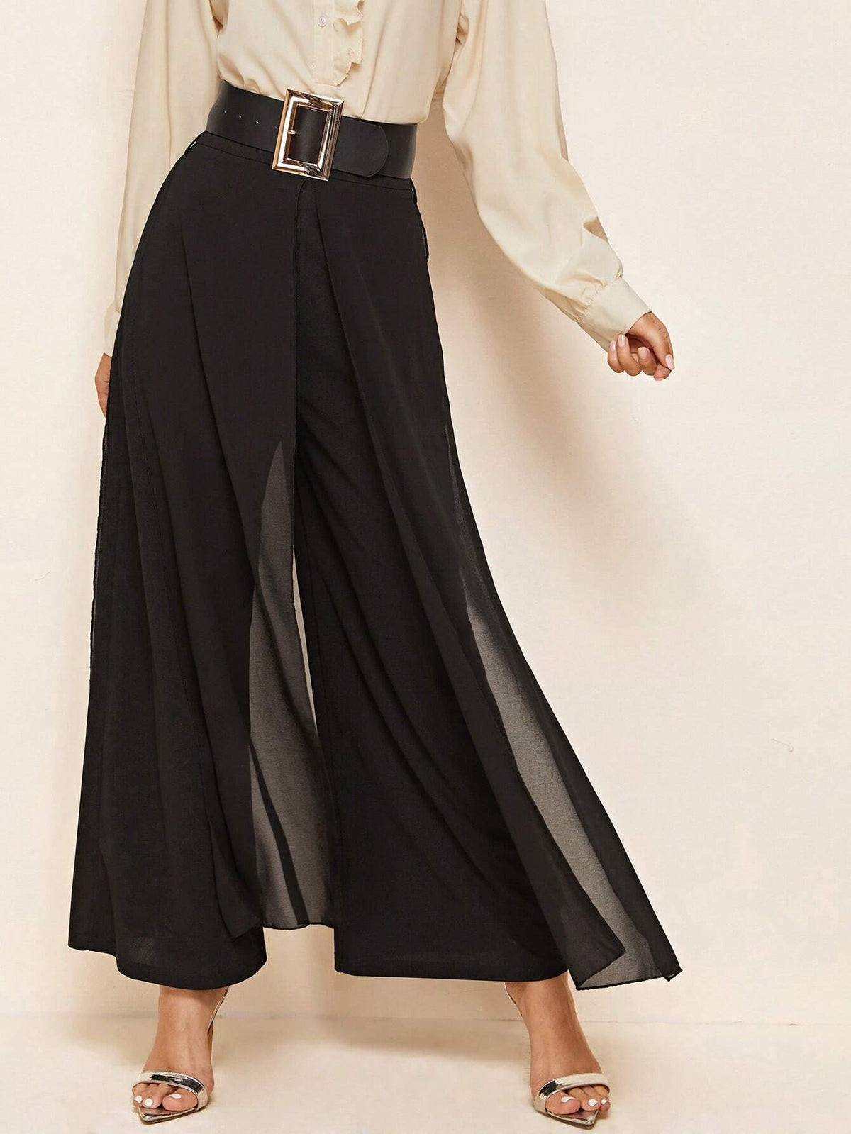 Modely Split Skirt Overlay Buckle Belted Wide Leg Pants