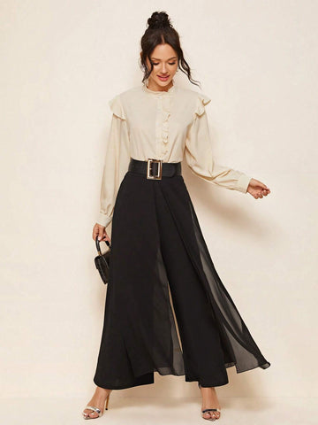Modely Split Skirt Overlay Buckle Belted Wide Leg Pants