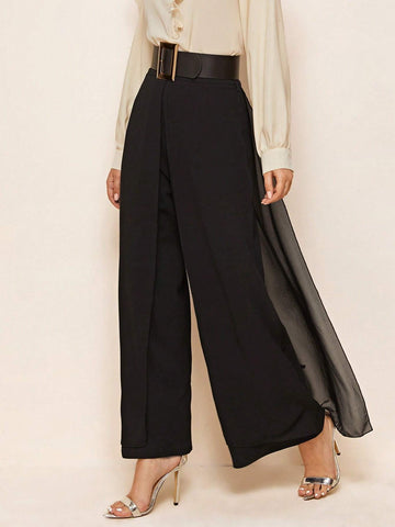 Modely Split Skirt Overlay Buckle Belted Wide Leg Pants