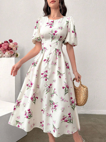 Summer Casual Floral Print Bubble Sleeve Cinching Waist Dress