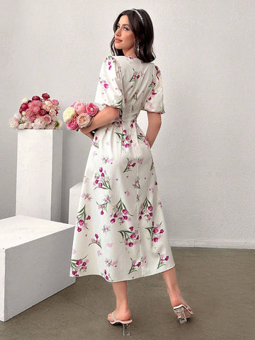 Summer Casual Floral Print Bubble Sleeve Cinching Waist Dress