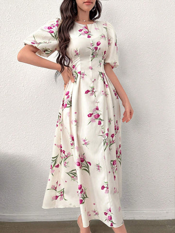 Summer Casual Floral Print Bubble Sleeve Cinching Waist Dress