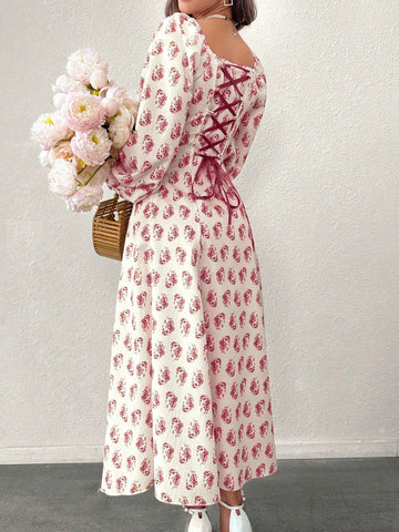 Summer Casual Printed Lantern Sleeve Fit And Flare Dress With Square Neckline And Gathered Waist