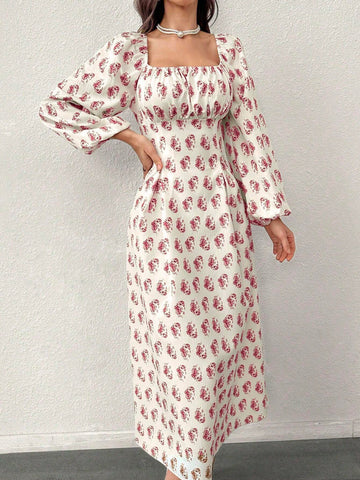Summer Casual Printed Lantern Sleeve Fit And Flare Dress With Square Neckline And Gathered Waist
