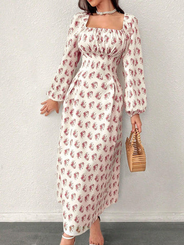 Summer Casual Printed Lantern Sleeve Fit And Flare Dress With Square Neckline And Gathered Waist