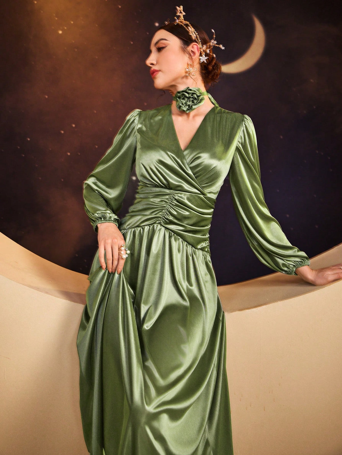 Surplice Neck Ruched Waist Satin Dress With Choker