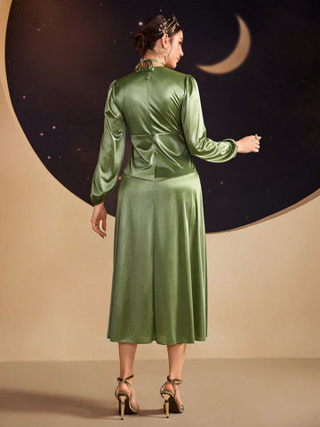 Surplice Neck Ruched Waist Satin Dress With Choker