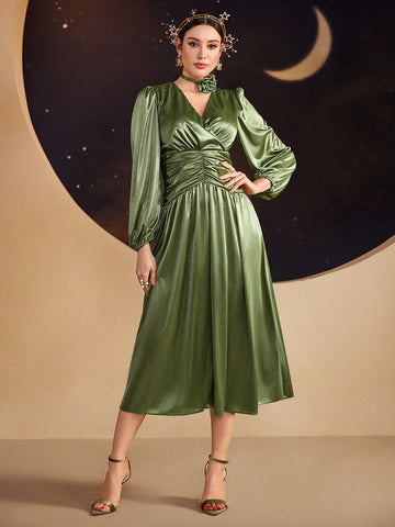 Surplice Neck Ruched Waist Satin Dress With Choker