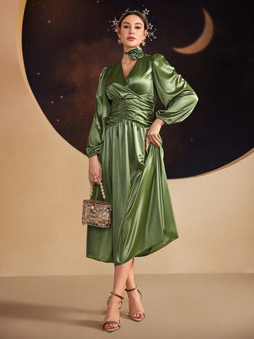 Surplice Neck Ruched Waist Satin Dress With Choker