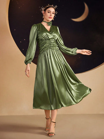 Surplice Neck Ruched Waist Satin Dress With Choker