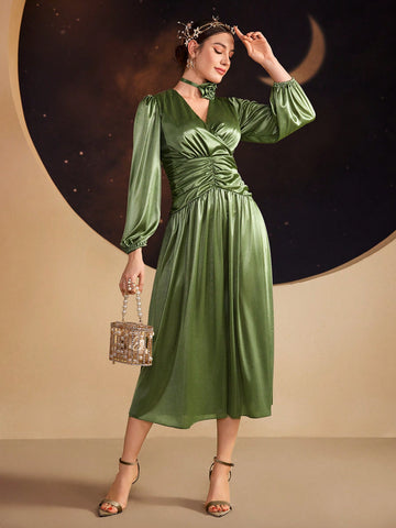 Surplice Neck Ruched Waist Satin Dress With Choker