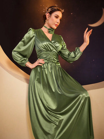 Surplice Neck Ruched Waist Satin Dress With Choker