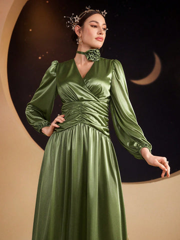 Surplice Neck Ruched Waist Satin Dress With Choker