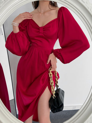 Modely Sweetheart Neck Lantern Sleeve Satin Dress