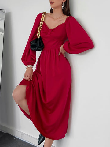 Modely Sweetheart Neck Lantern Sleeve Satin Dress
