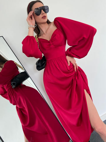 Modely Sweetheart Neck Lantern Sleeve Satin Dress
