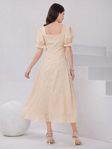 Textured Square Neckline Waist Belted Puff Sleeve Dress