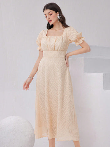 Textured Square Neckline Waist Belted Puff Sleeve Dress