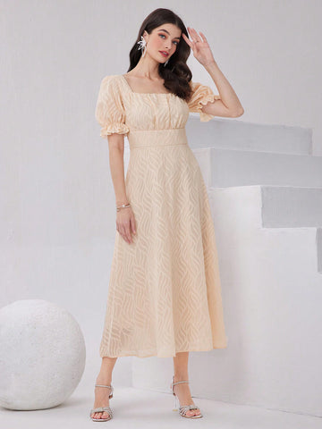 Textured Square Neckline Waist Belted Puff Sleeve Dress