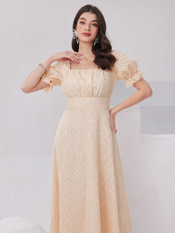 Textured Square Neckline Waist Belted Puff Sleeve Dress