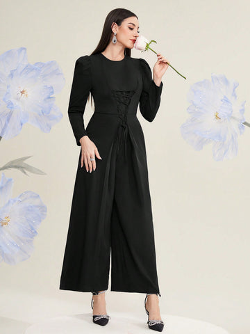 Tie-Front Bubble Cuff Long Sleeve Jumpsuit