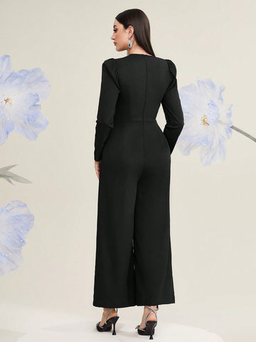 Tie-Front Bubble Cuff Long Sleeve Jumpsuit