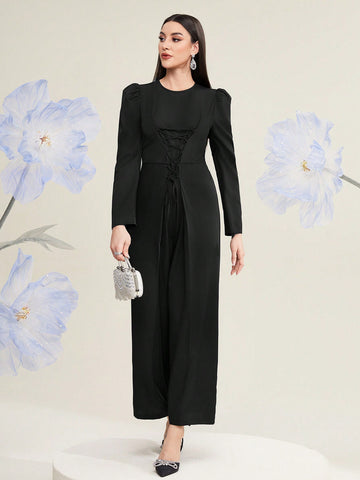 Tie-Front Bubble Cuff Long Sleeve Jumpsuit