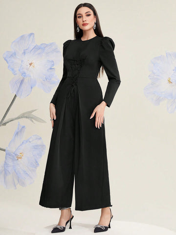 Tie-Front Bubble Cuff Long Sleeve Jumpsuit