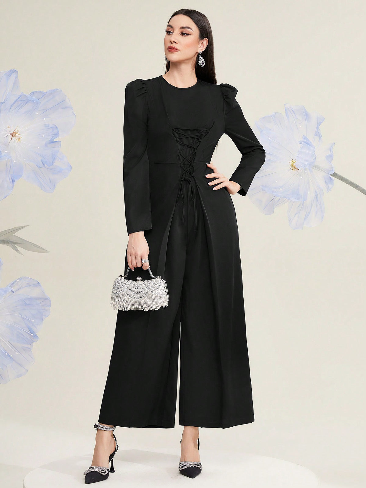 Tie-Front Bubble Cuff Long Sleeve Jumpsuit