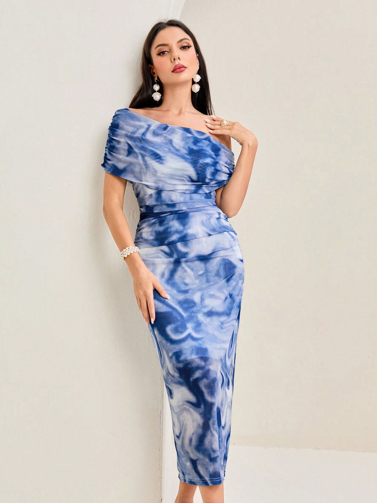 Modely Tie Dye Asymmetrical Neck Ruched Side Split Thigh Dress