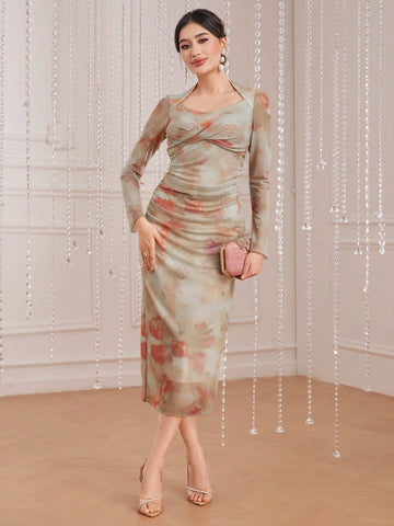 Modely Women'S All Over Printed Pleated Slim Fit Dress