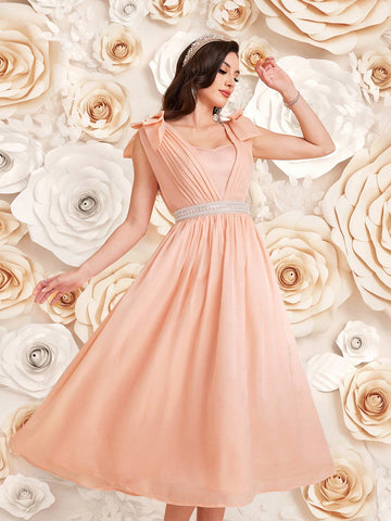 Women'S Beaded Detail Waist Cinched Pleated Dress