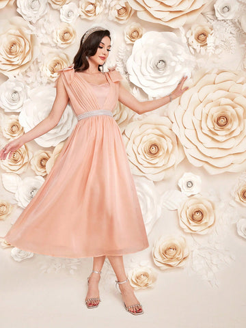 Women'S Beaded Detail Waist Cinched Pleated Dress