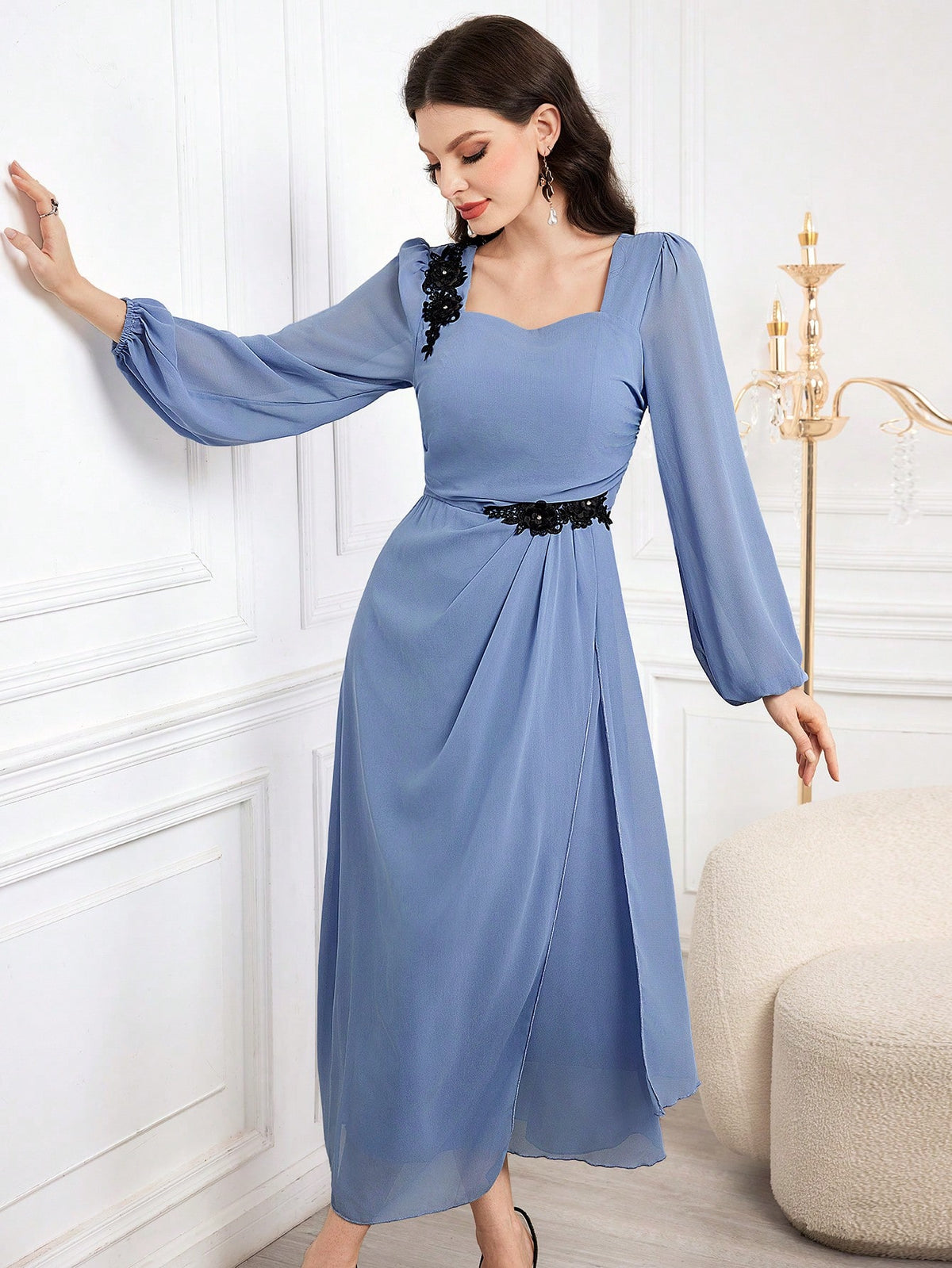 Women'S Color Blocking Flower Embroidery Lantern Sleeve Dress