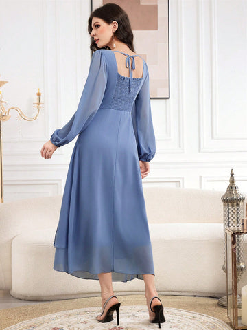 Women'S Color Blocking Flower Embroidery Lantern Sleeve Dress