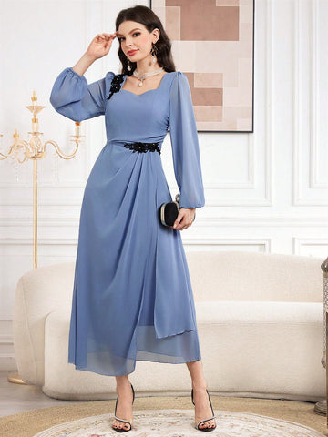 Women'S Color Blocking Flower Embroidery Lantern Sleeve Dress