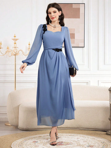 Women'S Color Blocking Flower Embroidery Lantern Sleeve Dress