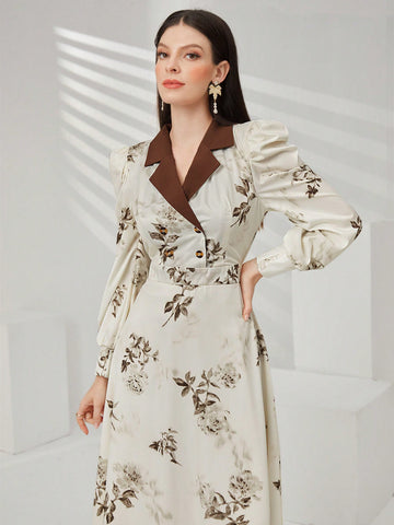 Modely Women'S Colorblock Turn-Down Collar Dress With Botanical Print