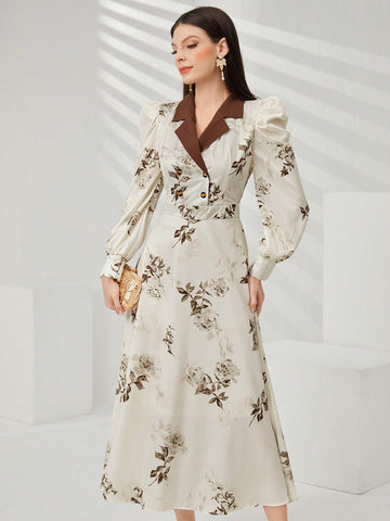 Modely Women'S Colorblock Turn-Down Collar Dress With Botanical Print