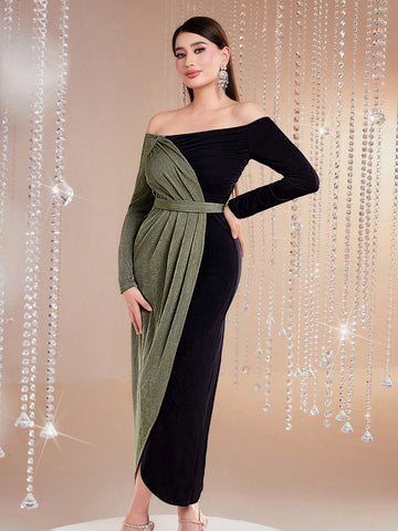 Modely Women'S Contrast Color Pleated Off Shoulder Dress