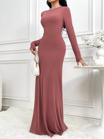 Women`S Elegant Solid Color Dress, Spring Autumn