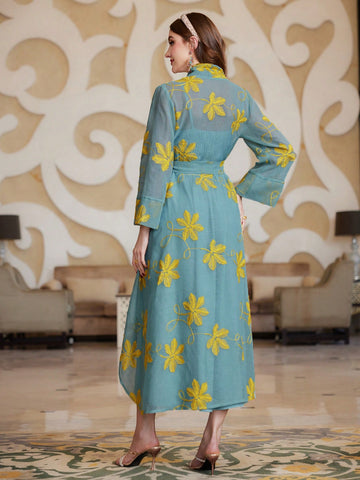 Women'S Embroidered Detail Belted Coat And Cami Dress Set
