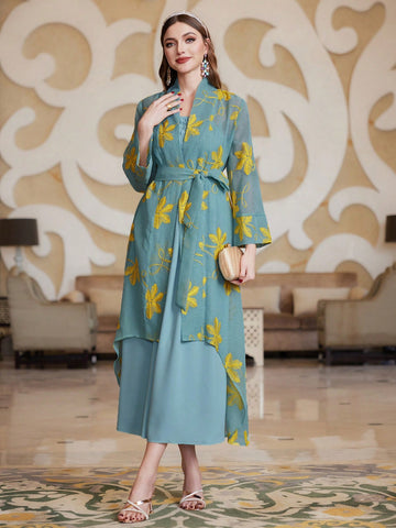 Women'S Embroidered Detail Belted Coat And Cami Dress Set