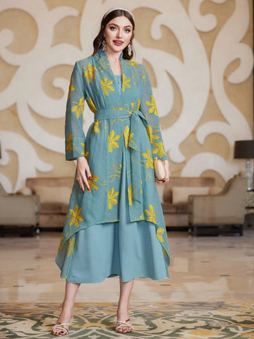 Women'S Embroidered Detail Belted Coat And Cami Dress Set