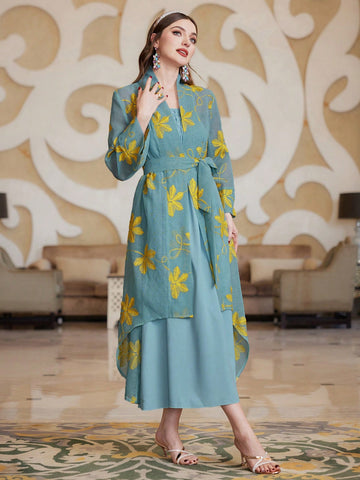 Women'S Embroidered Detail Belted Coat And Cami Dress Set